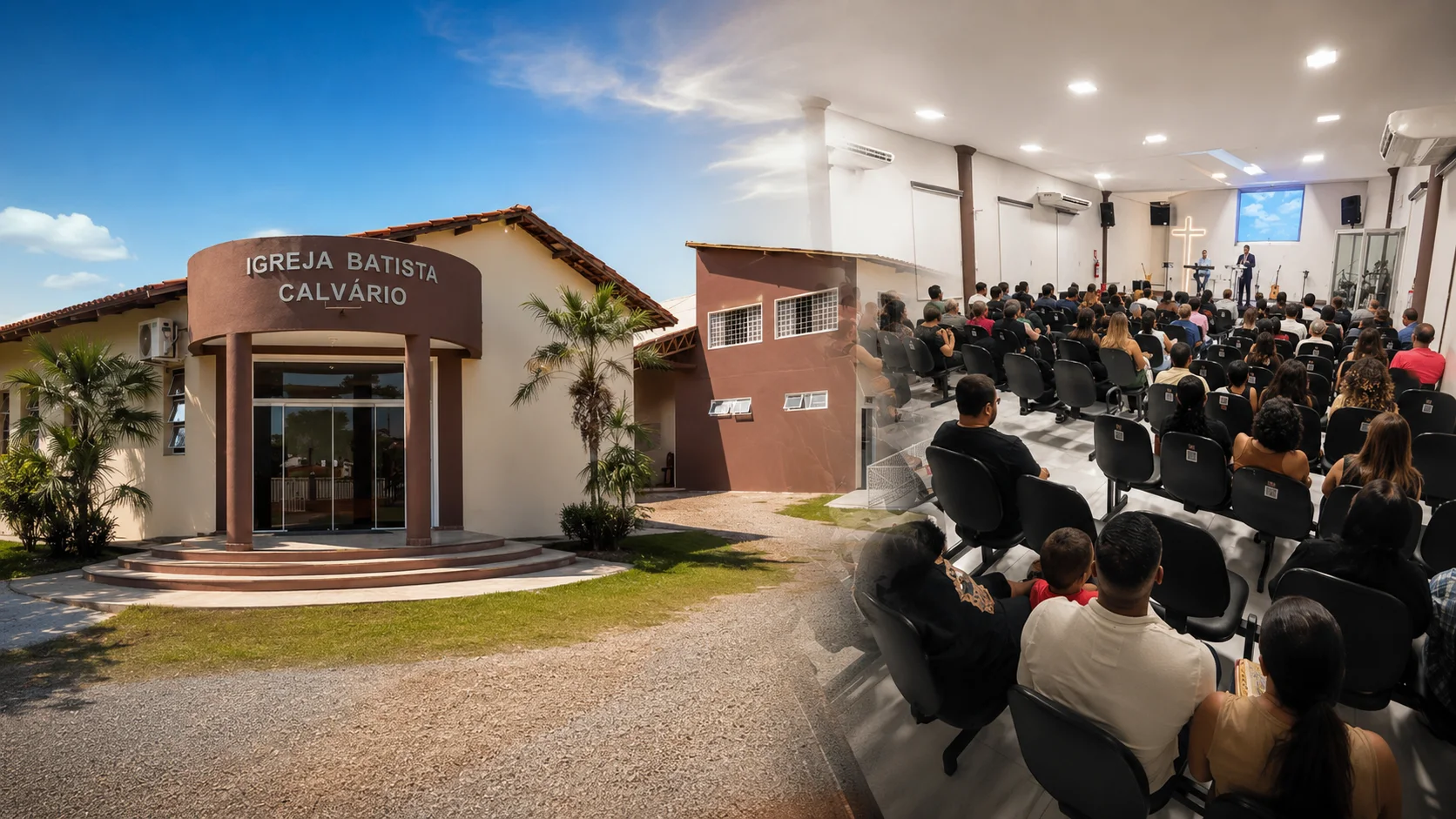 Fachada e interior da Igreja Batista Calvário em Cuiabá
